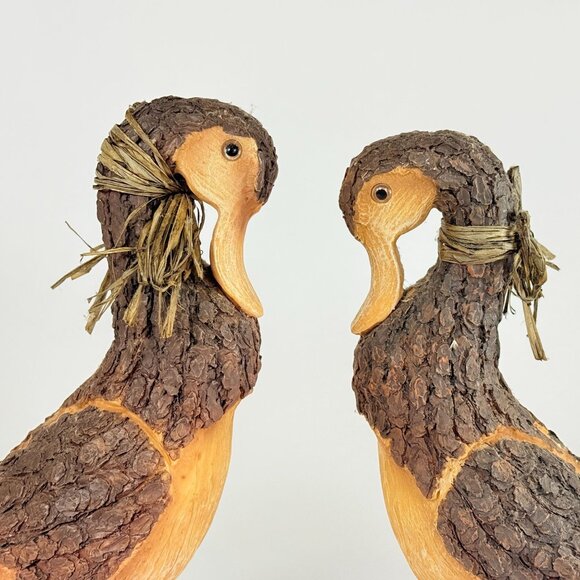 Rustic Style 2 Wood Duck Handcrafted Decor With Bark Like Texture Metal Feet - Picture 5 of 15